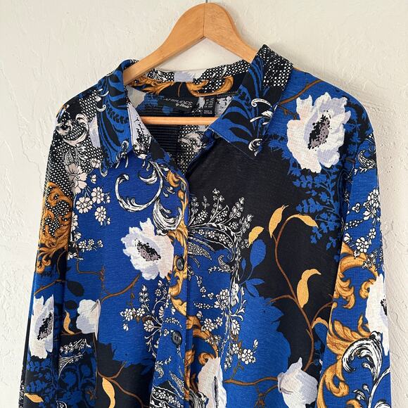 ATTITUDES by Renee Botanical Maxi Duster 2XP Lagenlook Pockets Navy Boho Career - Picture 4 of 16